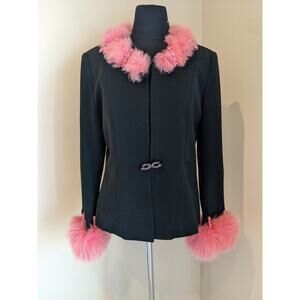 Promise New York Women's Black Blazer Coat with Pink Faux Trim Size 8